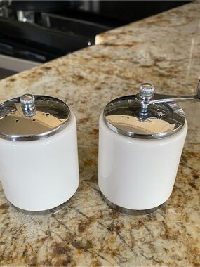 Vintage White Ceramic Pepper Mill and Salt Shaker Set - Stainless Accent